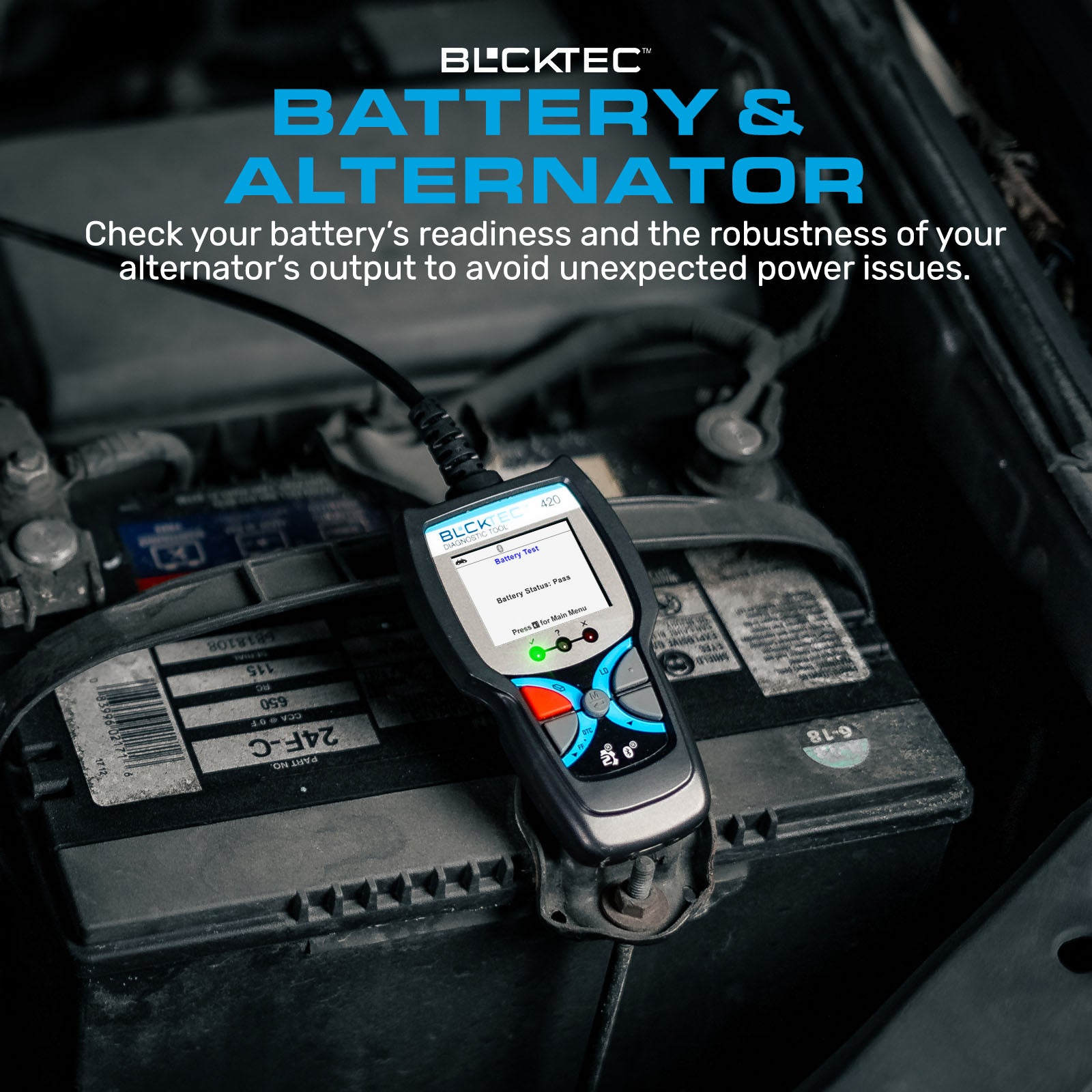 BLCKTEC 420 OBD2 scanner tests your battery and alternator to avoid unexpected power issues.