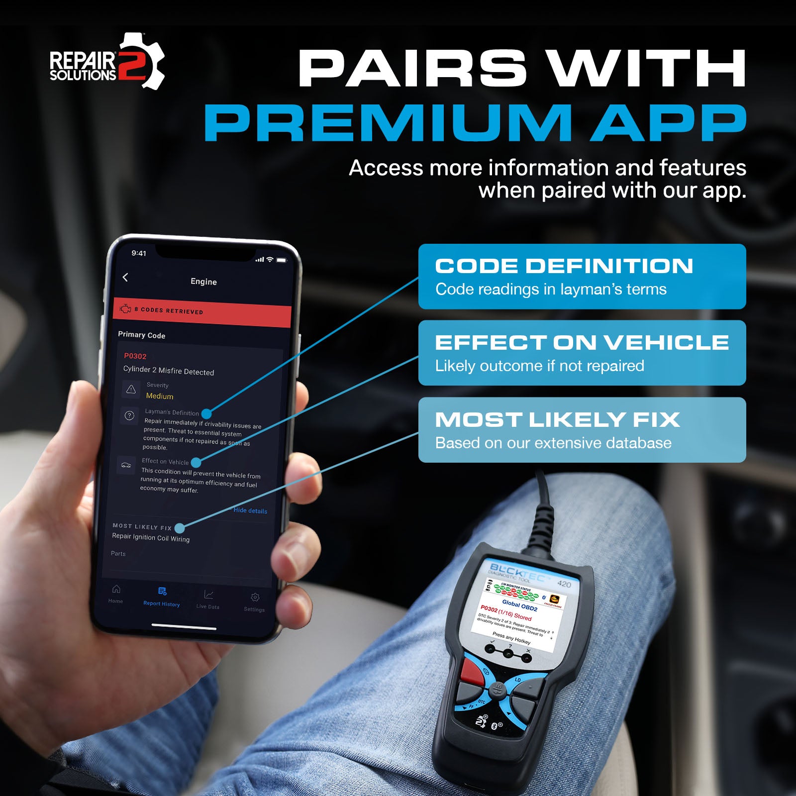 All BLCKTEC OBD2 scanners work with RepairSolution 2, a FREE premium app